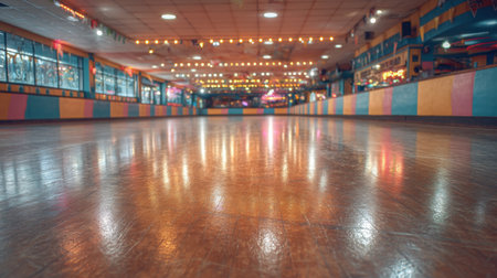 Captivating view of an empty roller skating rink, showcasing a gleaming wooden floor beneath bright lights, perfect for leisure activities and community gatherings.の素材