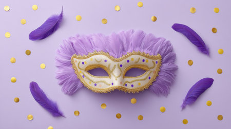 This artistic composition features an elegant purple masquerade mask embellished with feathers and gold accents, ideal for festive events and celebrations.の素材