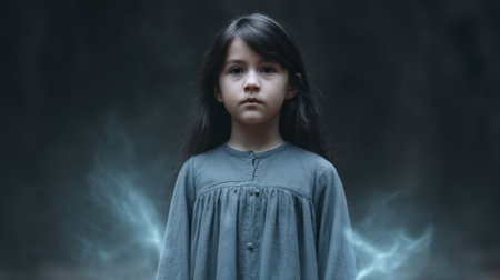 A captivating portrait of a young girl with a mysterious aura, set against a dark background. Her soft expression and flowing hair create an enchanting and dreamy atmosphere.の素材