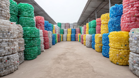 Brightly colored bales of recycled plastic are neatly arranged within a spacious warehouse, showcasing the importance of recycling and sustainable practices for a healthier environment.の素材
