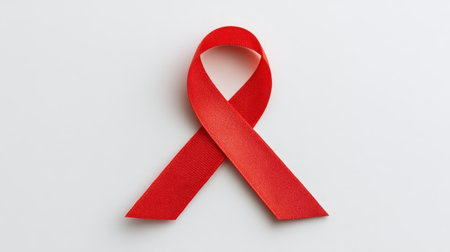 A vibrant red ribbon artistically placed on a clean background, symbolizing global awareness for HIV/AIDS and representing hope in health initiatives and advocacy efforts.の素材