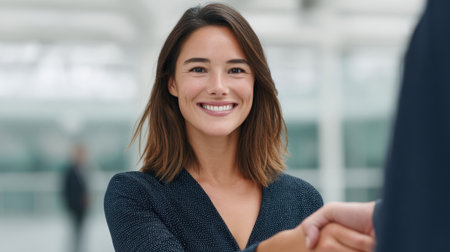 A confident woman smiles while shaking hands in a modern office setting, embodying the essence of professionalism and successful business interactions, inviting connection.の素材