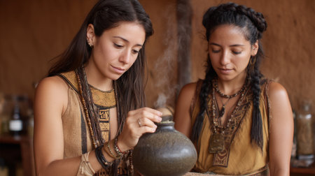 Two women work together on pottery, blending ancient techniques with herbs in a warm, rustic environment that reflects their cultural heritage and artistry.の素材