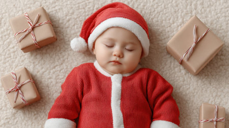 A sweet baby in a Santa hat sleeps peacefully on a plush beige rug, surrounded by neatly wrapped Christmas gifts, embodying the joy of the holiday season.の素材