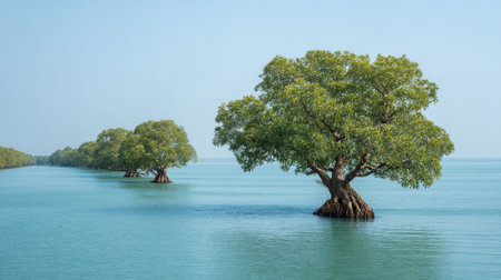 Discover a peaceful coastal scene featuring lush mangrove trees rising from clear turquoise waters under a bright sky, ideal for nature lovers and tranquility seekers.の素材