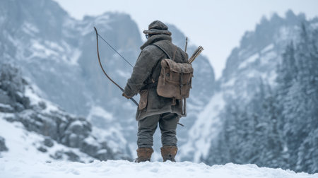 A lone winter explorer stands in a snowy landscape, bow in hand, facing magnificent mountains. The scene captures the essence of adventure and tranquility in nature.の素材