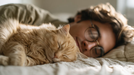A serene moment captured as a young man sleeps soundly on a cozy bed while a ginger cat rests peacefully beside him, embodying warmth and companionship.の素材