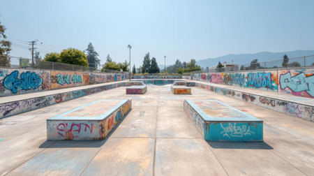 An expansive skatepark featuring vibrant graffiti art under a sunny sky, perfect for showcasing youth culture, action sports, and urban creativity in photography.の素材