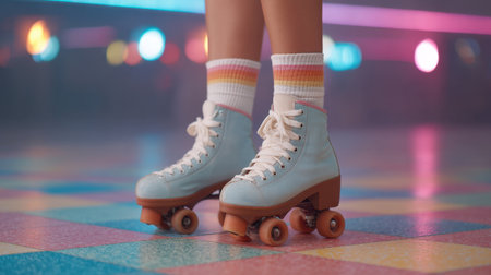 A close-up view of stylish roller skates on a vividly patterned floor, bathed in soft neon lights, capturing the essence of retro fun and active nightlife.の素材