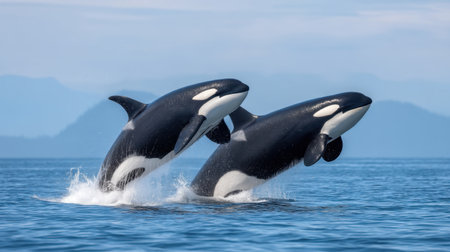 Experience the beauty of two orcas breaching in a calm ocean setting. This stunning moment captures the elegance and power of these marine mammals in their natural habitat.の素材
