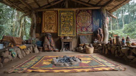 Experience the warmth and cultural richness of a traditional interior featuring colorful wall hangings, a cozy fireplace, and artistic decor in a serene natural setting.の素材