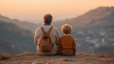 A touching scene of a father and son seated together on a hillside, basking in the glow of a vibrant sunset, capturing the essence of familial love and connection.の素材