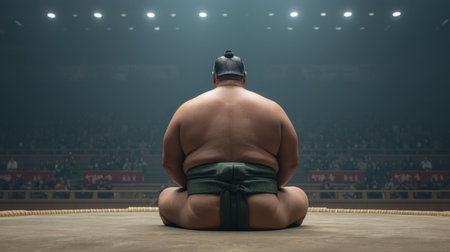 A sumo wrestler sits in a traditional ring, embodying focus and determination. The atmosphere in the arena is charged with anticipation as spectators watch closely.の素材