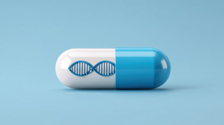A visually striking pharmaceutical capsule showcasing a DNA strand, representing the intersection of science and health, on a soft blue background.の素材