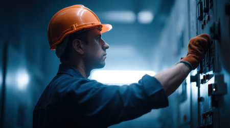 An electrician in orange safety gear adjusts a control panel amidst soft lighting in an industrial environment, showcasing focus and professional skills.の素材