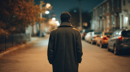 A lone figure walks down a serene street illuminated by streetlights, creating a reflective and moody atmosphere, inviting contemplation and mystery.の素材