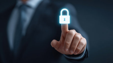 A businessman interacts with a glowing virtual lock icon, symbolizing the importance of cybersecurity and data protection in a digital world.の素材