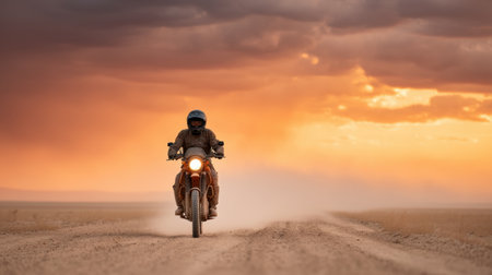 A lone motorcyclist journeys through a dusty road, framed by a stunning sunset and serene clouds, capturing the essence of adventure and exploration in nature.の素材