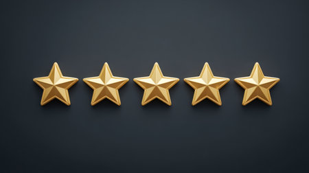 A striking arrangement of five golden stars set against a dark background, representing quality and excellence in a wide range of applications such as marketing and design.の素材