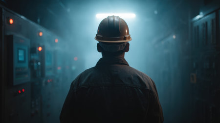 A worker in safety gear stands in a dimly lit industrial setting, surrounded by control panels and soft ambient light, conveying a sense of focus and dedication.の素材