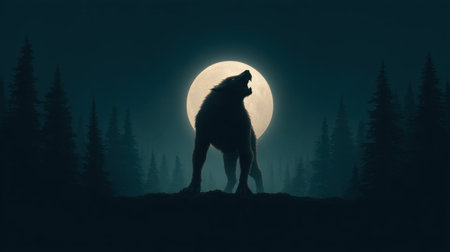 A solitary wolf howls at a luminous full moon, creating a captivating silhouette in a dark forest. This enchanting night scene evokes mystery and wilderness.の素材