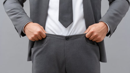A businessman stands with his empty pockets visible, conveying a powerful message about financial struggles and economic challenges faced in today world.の素材