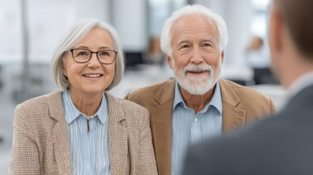 A delightful senior couple smiles warmly while engaging in a conversation in a modern office setting, emphasizing the importance of connection and communication in professional life.の素材