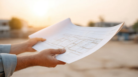A construction worker holds an architectural blueprint in their hands as the sun sets in the background. The image captures the essence of creativity and planning in construction.の素材