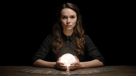 A captivating image of a fortune teller with a crystal ball and tarot cards, evoking themes of mysticism, intuition, and future reading in a serene, dark environment.の素材