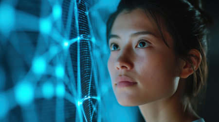 A young woman looks thoughtfully at a vibrant digital display, surrounded by blue connections and data visuals, symbolizing innovation and technology in modern society.の素材