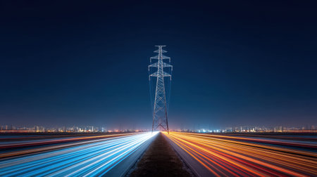 Dynamic night scene featuring an electric power line tower with colorful car lights creating trails on a road, highlighting urban energy and technological beauty.の素材