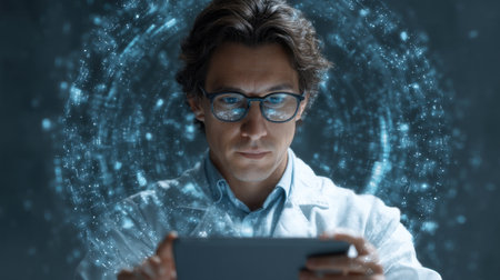 A focused scientist in a lab coat interacts with a digital tablet, surrounded by dynamic data visualizations, symbolizing modern research and innovation in science.の素材