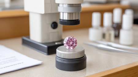 A pink gemstone sits under a microscope in a jewelry workshop, showcasing the meticulous process of gemology analysis in a professional environment.の素材