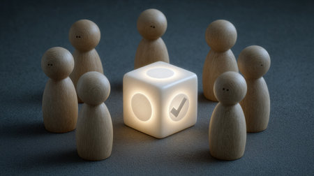 A group of wooden figurines surrounds a glowing cube, symbolizing collaboration and decision-making in a creative and modern context, highlighting unity and teamwork.の素材