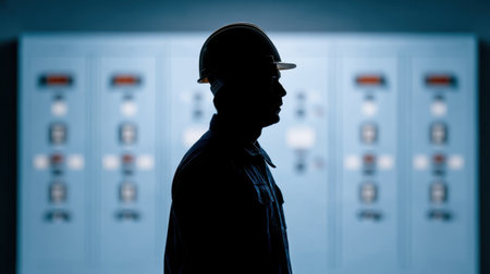 Silhouette of an engineer wearing a hard hat stands against a control panel in an industrial setting, showcasing a dedicated professional in the energy sector.の素材
