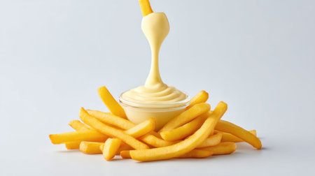 A delightful image showcasing golden french fries with creamy sauce drizzling on top, perfect for representing fast food snacks and indulgent treats.の素材