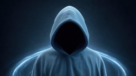 This enigmatic image features a hooded figure against a dark backdrop, surrounded by a captivating blue glow. It evokes feelings of mystery and intrigue.の素材
