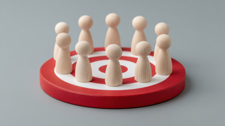 This image features wooden figurines arranged in a circle on a target board, symbolizing themes of teamwork, collaboration, and strategic planning in a creative and abstract context.の素材