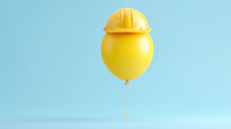 This vibrant image features a yellow balloon adorned with a construction helmet, floating against a soft blue backdrop, perfect for creative and playful projects.の素材
