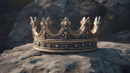 This stunning image features an ornate golden crown adorned with exquisite gemstones, resting on a rugged rock surface, embodying elegance and royal heritage.の素材