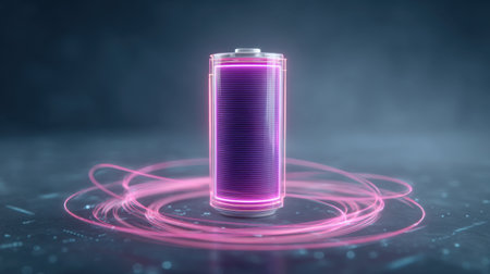 A striking 3D illustration of a high-tech battery with a neon glow, set against a digital backdrop. This image symbolizes innovation and future energy solutions.の素材