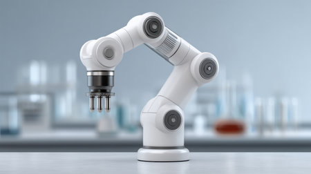 A modern robotic arm designed for precise automation tasks in a lab environment. The image showcases cutting-edge technology that enhances workflow and efficiency.の素材