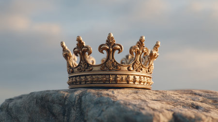 A stunning golden crown elegantly positioned on a stone, set against a backdrop of soft, cloudy skies, embodying themes of royalty, beauty, and craftsmanship.の素材