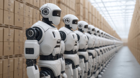 A line of humanoid robots stands in a spacious warehouse, efficiently managing inventory among stacks of packed boxes, showcasing advanced technology and automation strategies.の素材