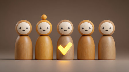A set of charming wooden toy figurines stands in a line, emphasizing the concept of positive choice and teamwork, perfect for child development themes and creativity.の素材