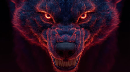 Experience the striking intensity of this close-up wolf portrait showcasing glowing red eyes, dramatic lighting, and a powerful expression, evoking raw emotion.の素材
