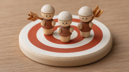 This charming wood scene showcases three figurines on a target board with arrows, symbolizing collaboration and the pursuit of goals in a fun, engaging way.の素材