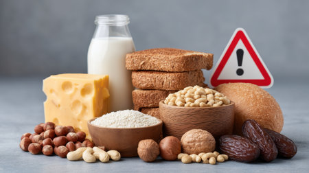 A collection of allergenic foods displayed with warning labels, including milk, cheese, grains, and nuts, illustrating dietary considerations in a rustic setting.の素材