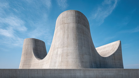 This striking image showcases modern architecture with sweeping curved concrete structures, presenting a unique blend of innovation and artistry under a serene blue sky.の素材