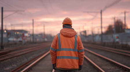 A safety officer wearing an orange safety vest and helmet inspects railway tracks during sunset, emphasizing the importance of maintenance and safety compliance in transportation.の素材